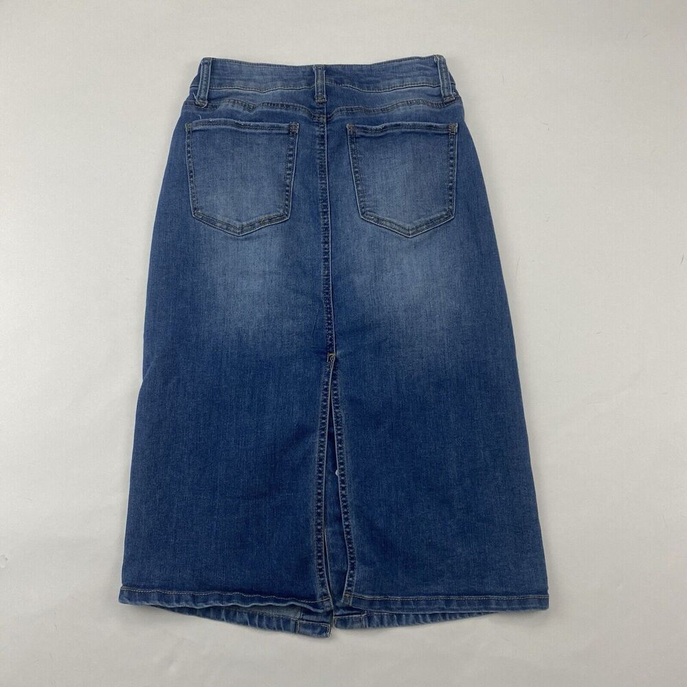 SO Midi Denim Blue Jean Skirt Button Front Size 7/28 Medium Wash Slit Stretch - Picture 7 of 8